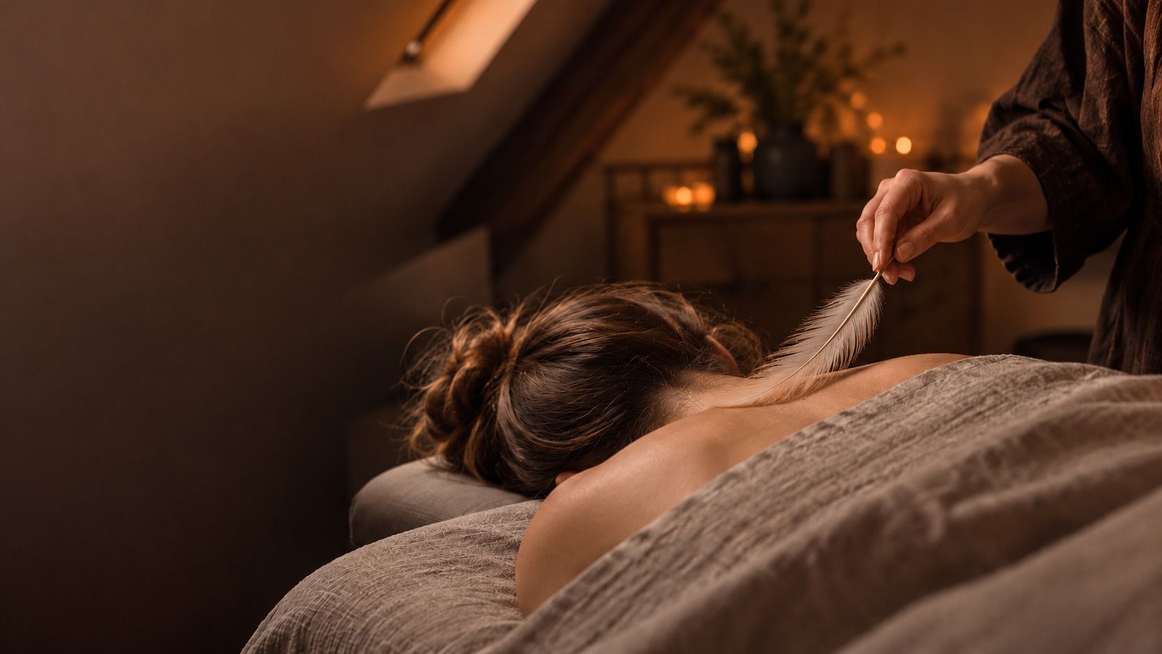 Une main fait glisser une plume le long du dos d’une femme allongée sur une table de soin, dans une pièce mansardée à la lumière douce.